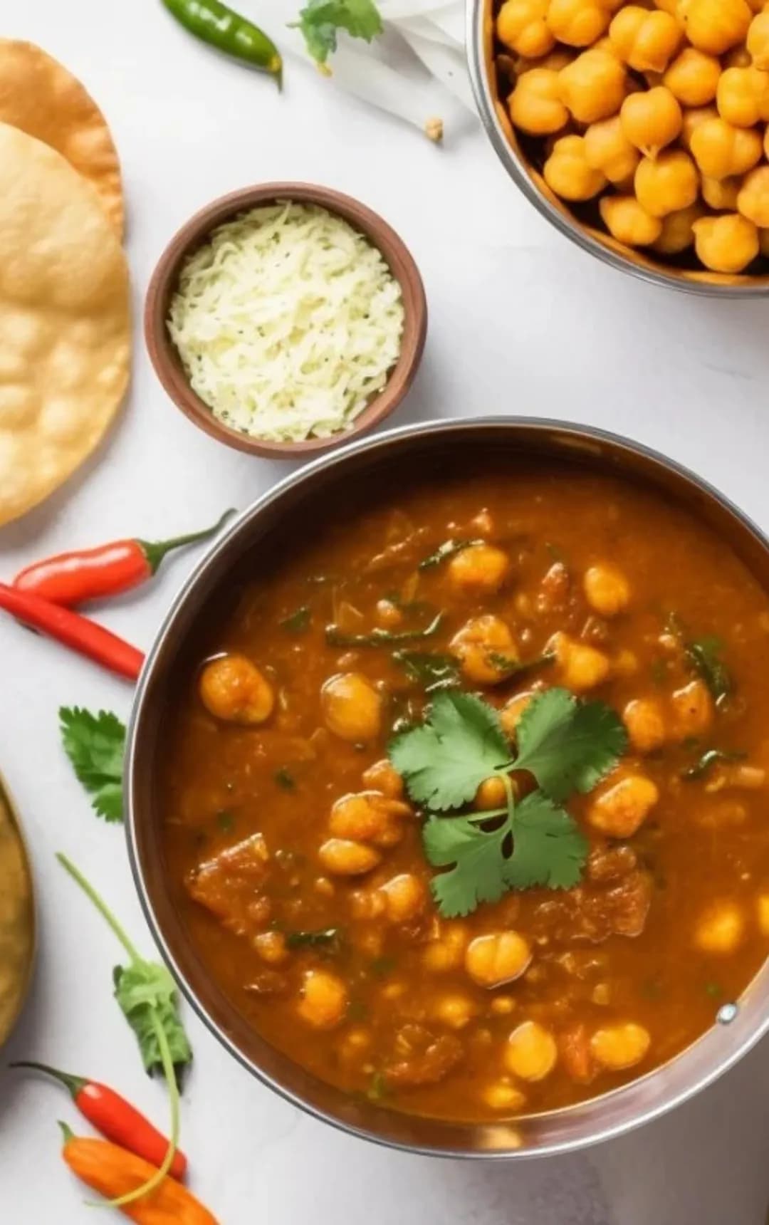 A bowl of curry with crisp pappadums