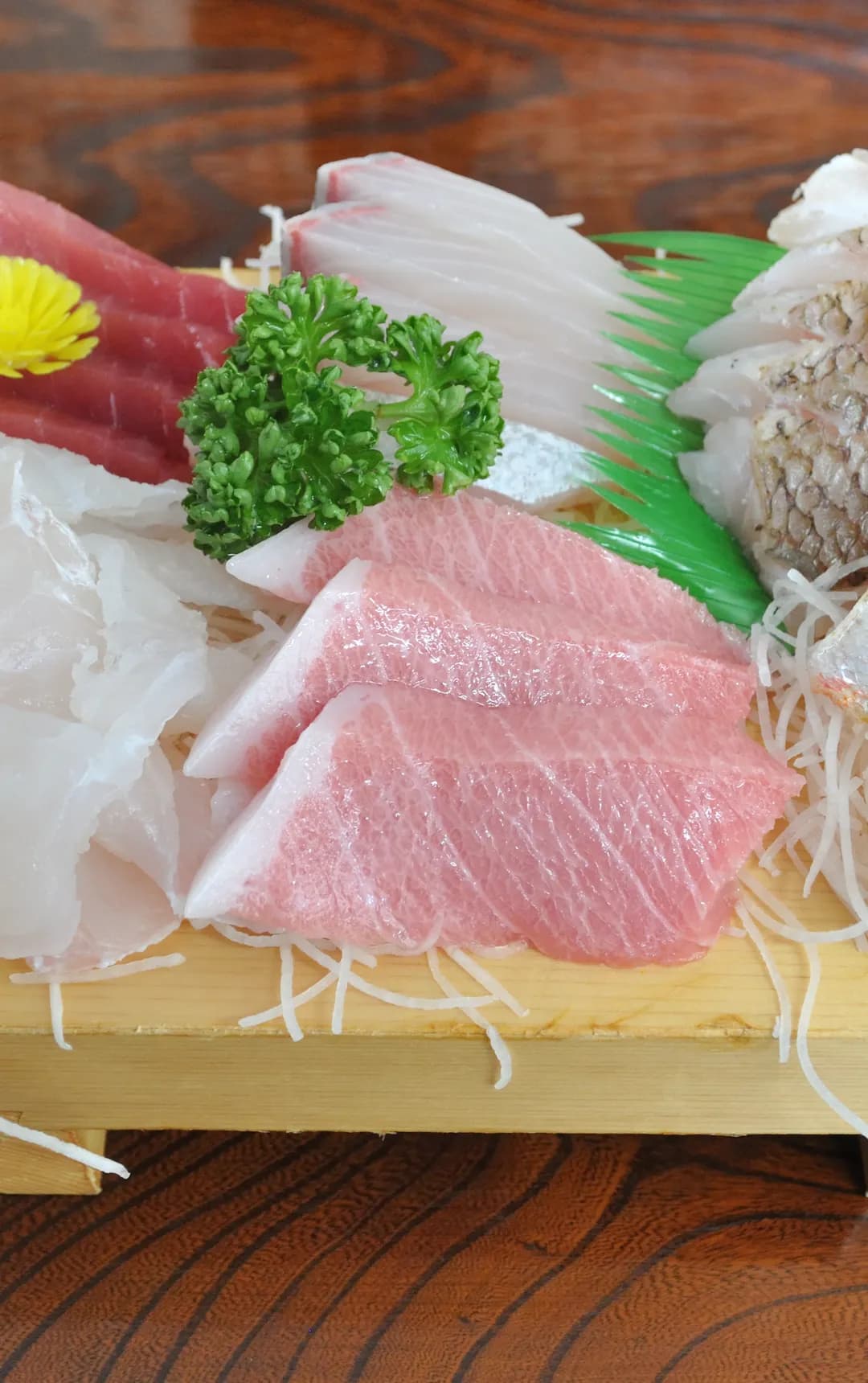 A platter of sliced sashimi