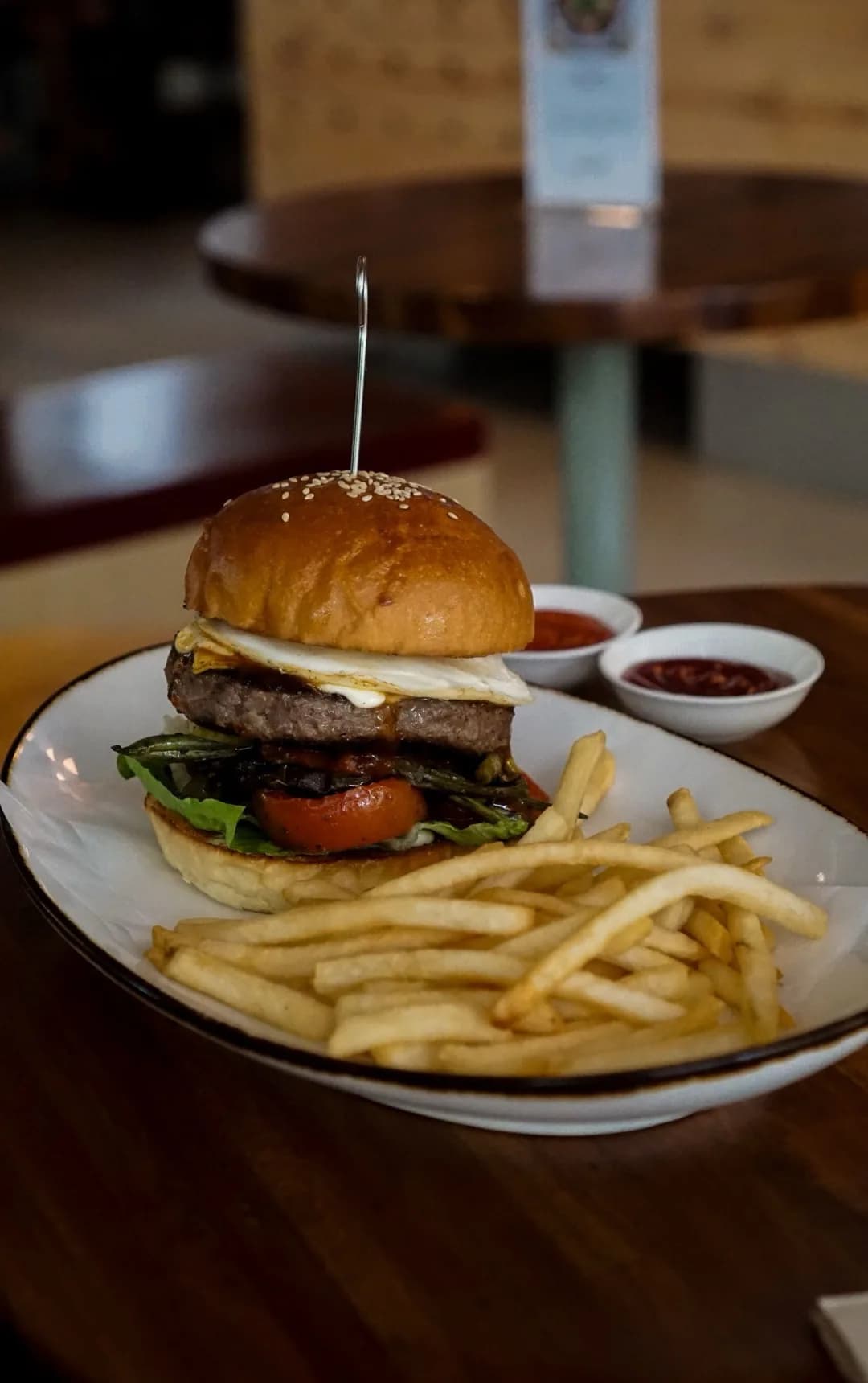 A burger and fries on a plate