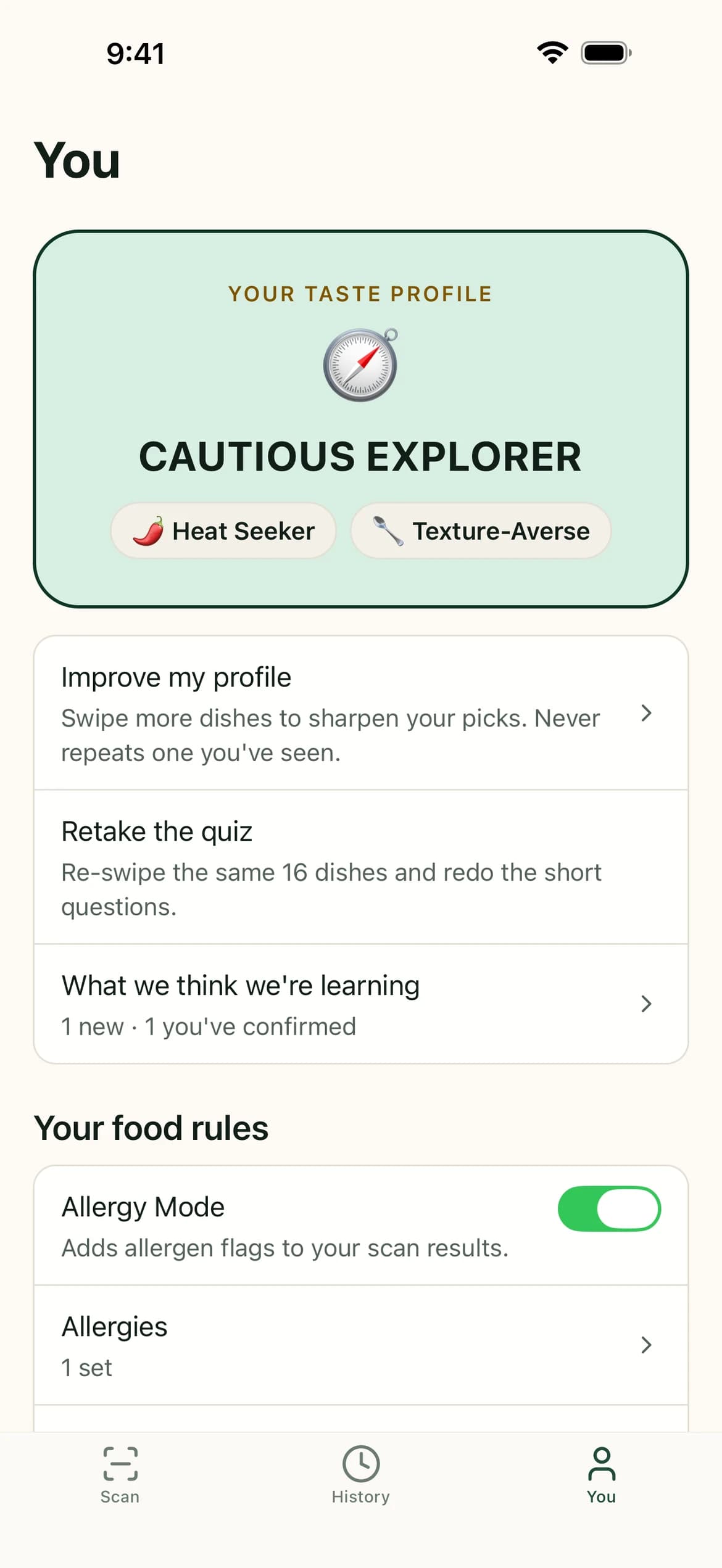 The You tab showing a taste profile of Cautious Explorer, with Heat Seeker and Texture-Averse trait chips